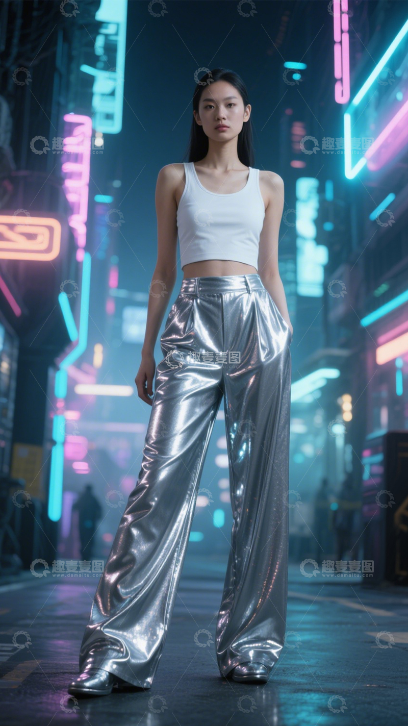高清大图下载【趣麦麦图】未来感银色阔腿裤1