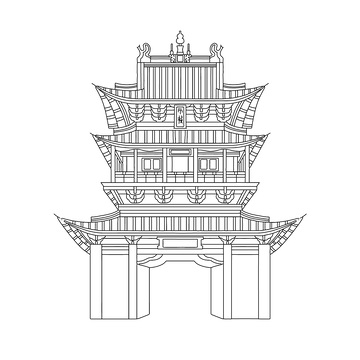 阁楼城楼宝塔高楼建筑线稿建筑物