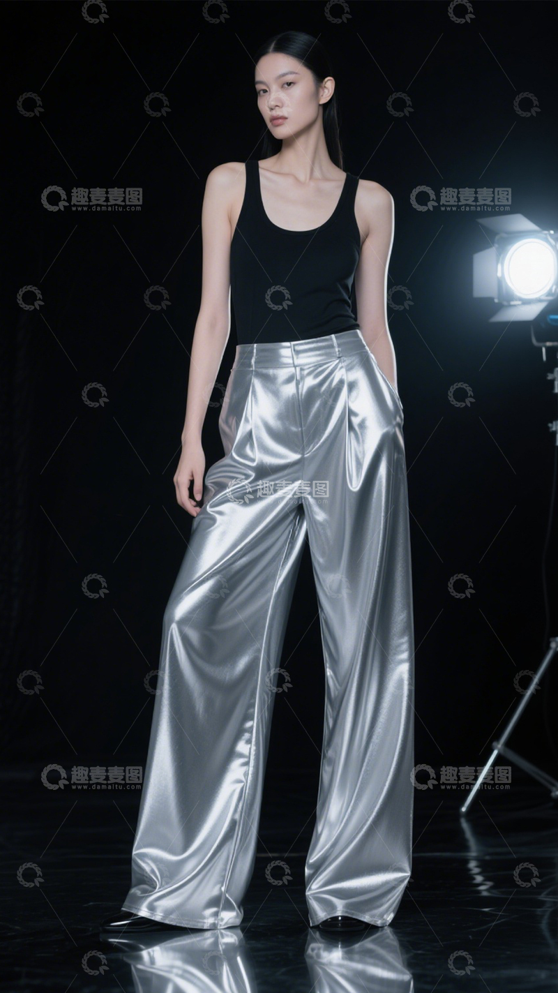 高清大图下载【趣麦麦图】未来感银色阔腿裤