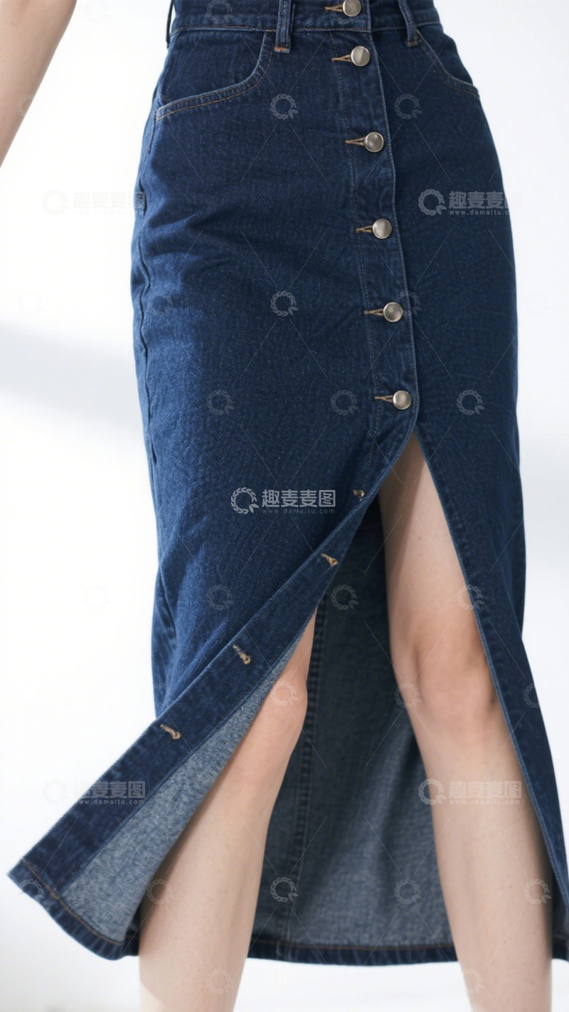 高清大图下载【趣麦麦图】复古高腰开衩牛仔裙2