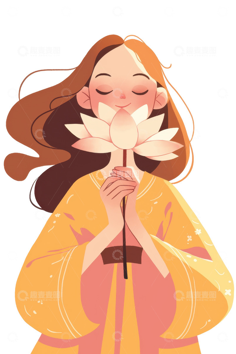 高清大图下载【趣麦麦图】扁平简约拿着荷花的女孩