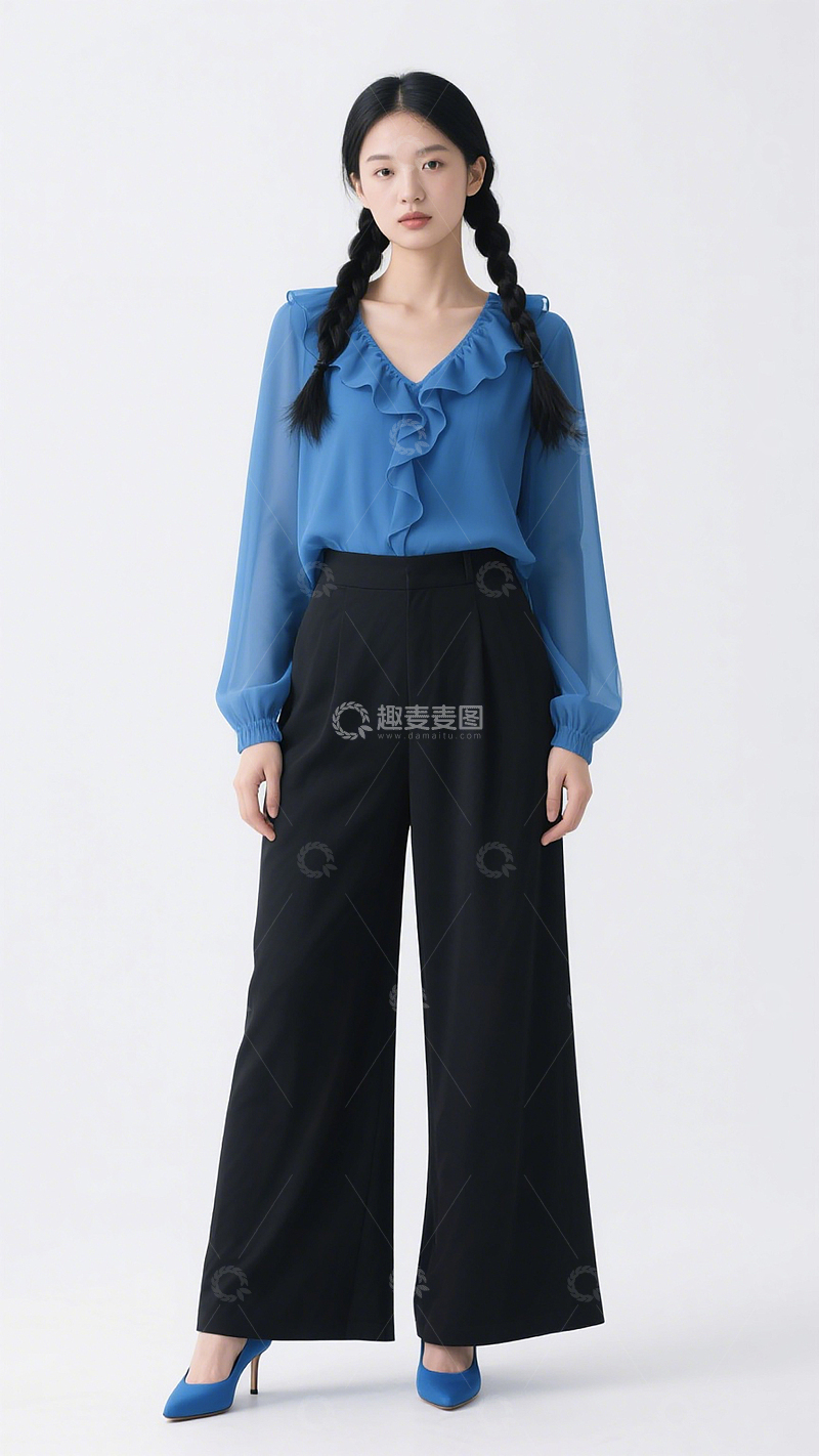 高清大图下载【趣麦麦图】女装模特蓝色V领衬衫黑色阔腿裤职场穿搭