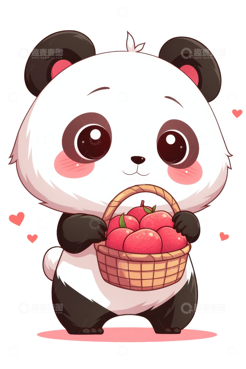高清大图下载【趣麦麦图】-扁平简约提着一篮子苹果的熊猫