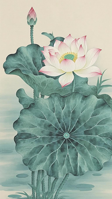 国风工笔淡彩荷花