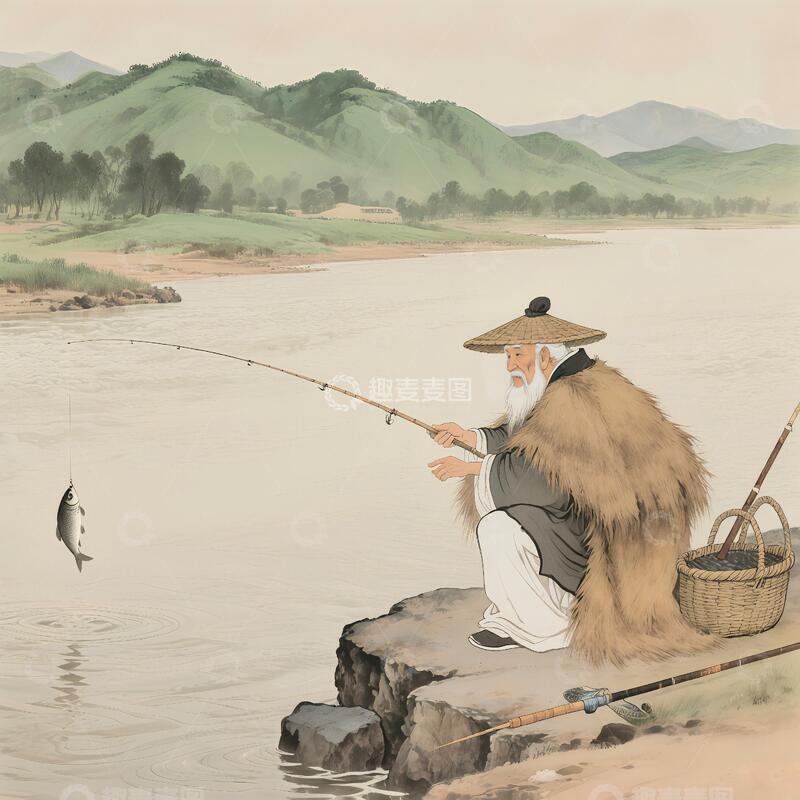 高清大图下载【趣麦麦图】姜子牙垂钓画