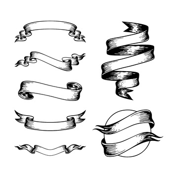 黑白线稿插画丝带飘带标题框版画木刻画