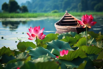 荷塘里的木船荷花