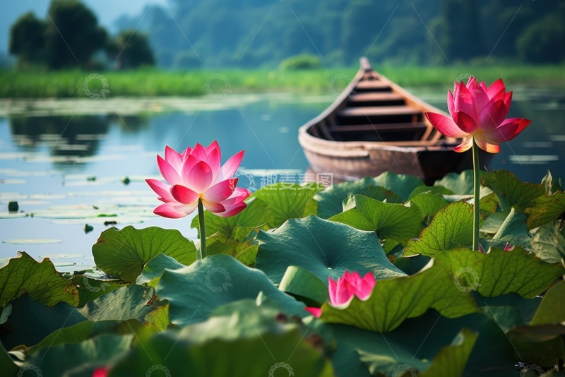 高清大图下载【趣麦麦图】荷塘里的木船荷花