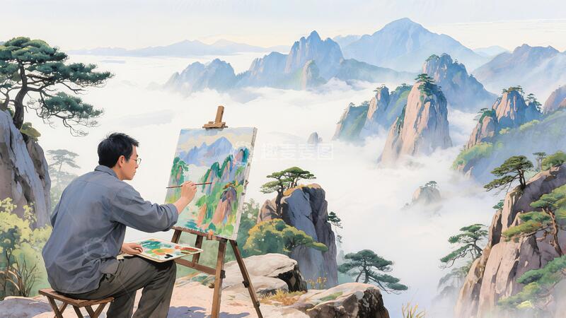 高清大图下载【趣麦麦图】安徽黄山风景画家绘画