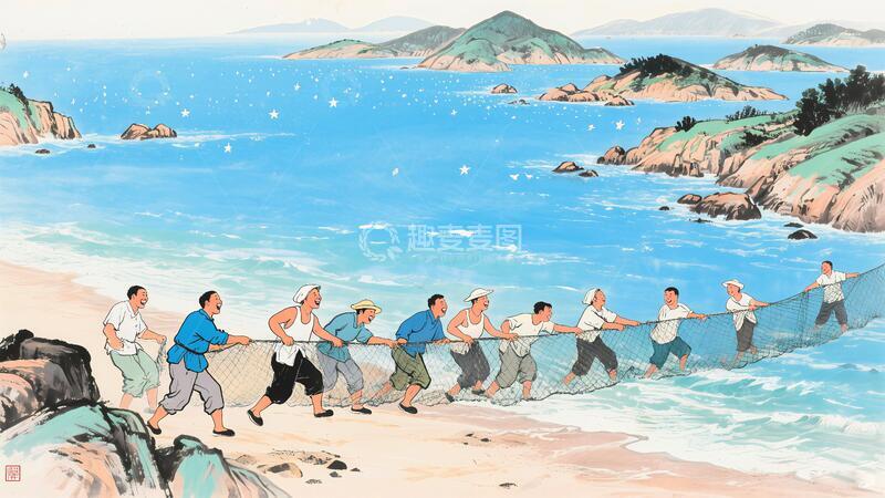 高清大图下载【趣麦麦图】海边渔民捕鱼1