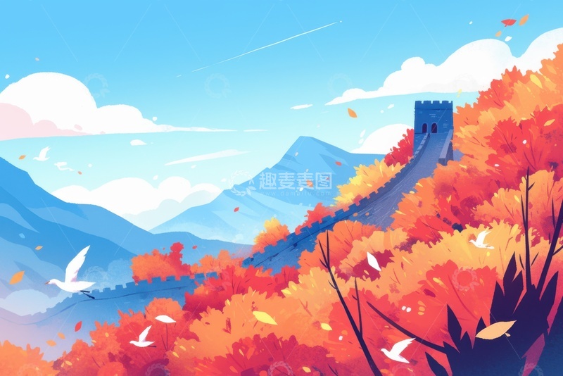 高清大图下载【趣麦麦图】手绘水彩秋季枫树林美景