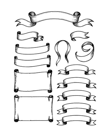 丝带飘带标题框素描线稿插画木刻画版画