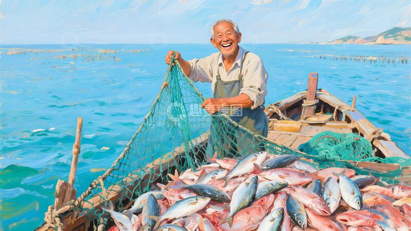 高清大图下载【趣麦麦图】海边渔民捕鱼