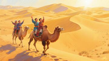 沙漠丝绸之路骑骆驼的小孩