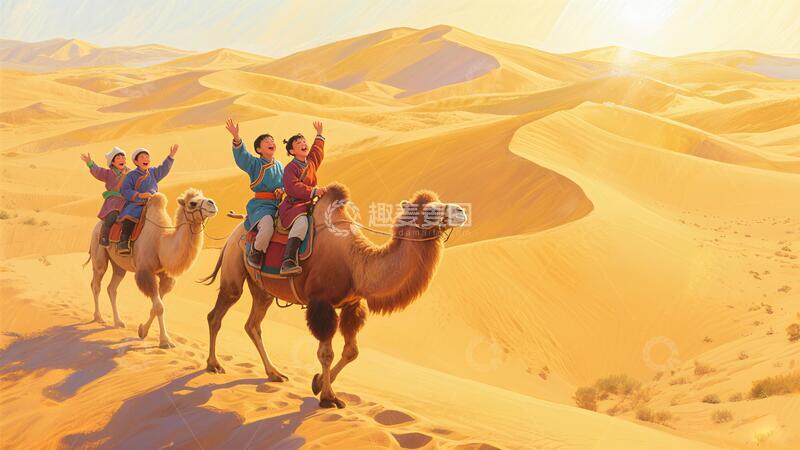 高清大图下载【趣麦麦图】沙漠丝绸之路骑骆驼的小孩
