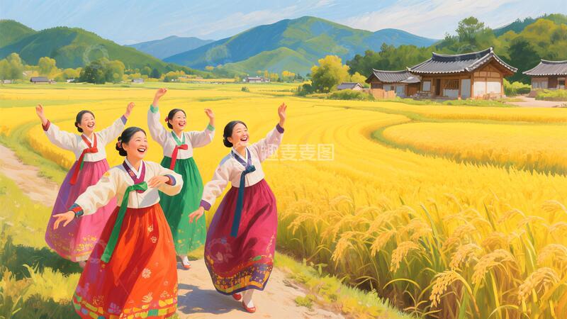 高清大图下载【趣麦麦图】四个朝鲜姑娘庆丰收节