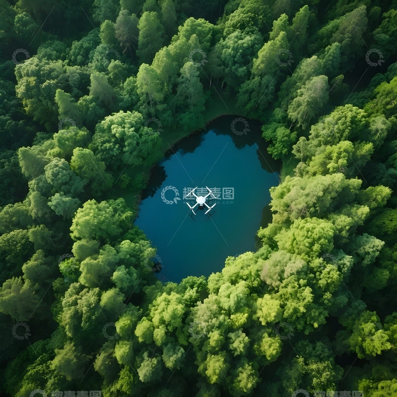 高清大图下载【趣麦麦图】森林湖上空的无人机