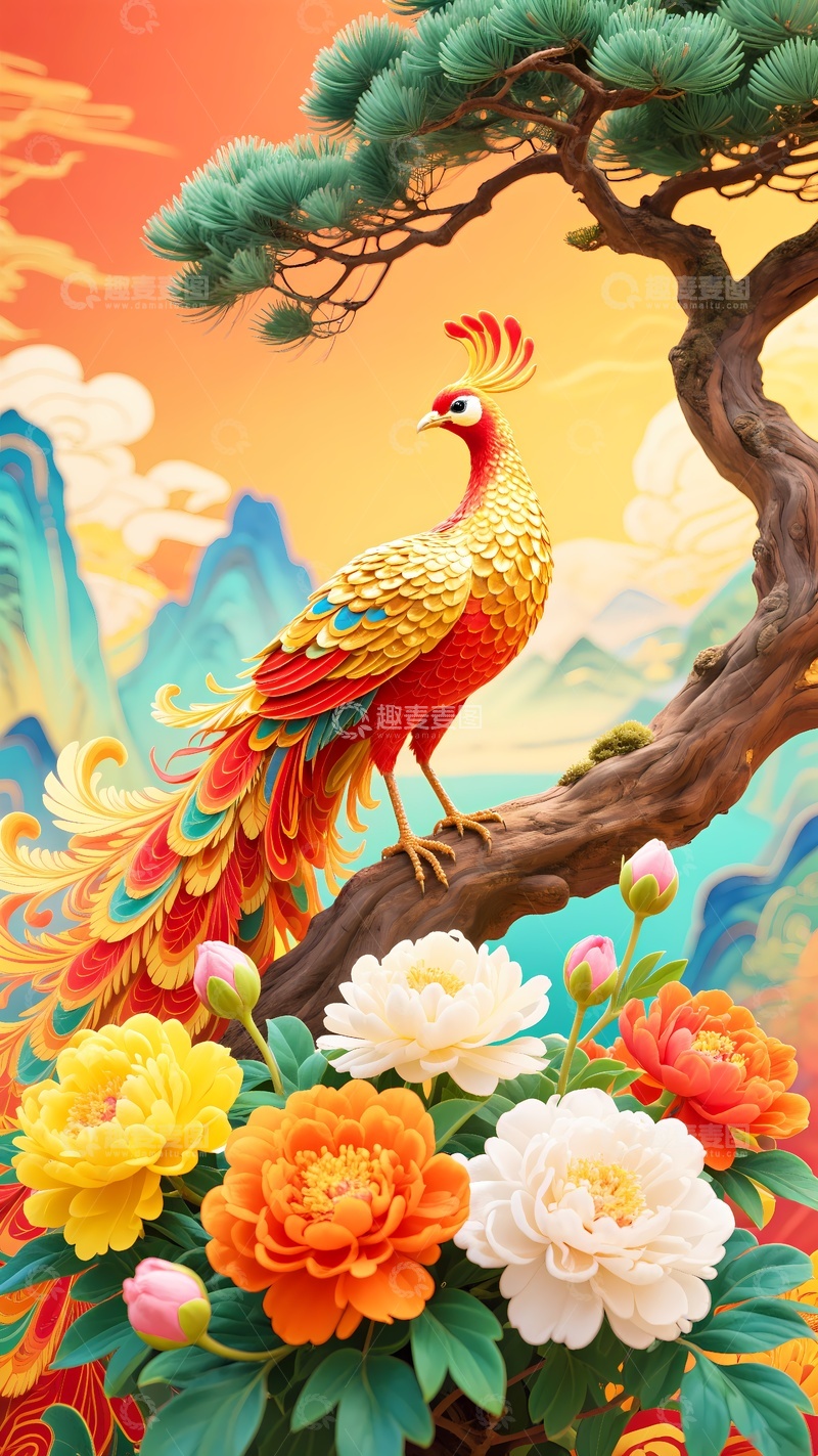 高清大图下载【趣麦麦图】凤凰孔雀花开富贵1