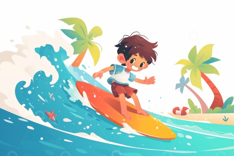 高清大图下载【趣麦麦图】卡通简约夏季冲浪的小男孩