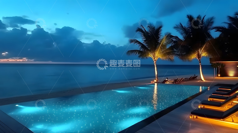 高清大图下载【趣麦麦图】海边的沙滩椰林月夜