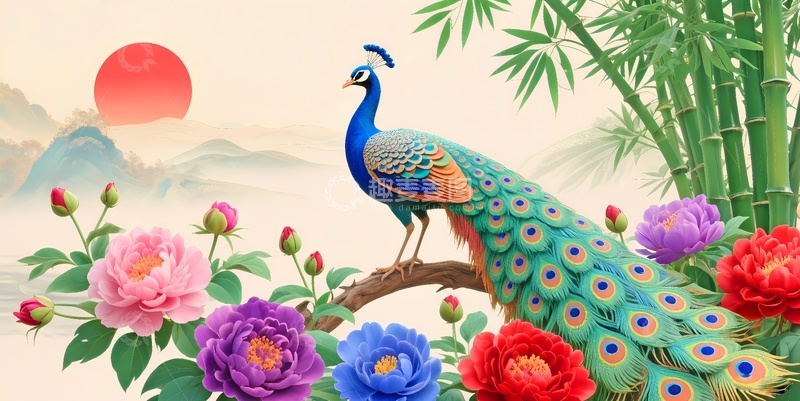 高清大图下载【趣麦麦图】孔雀客厅挂画3