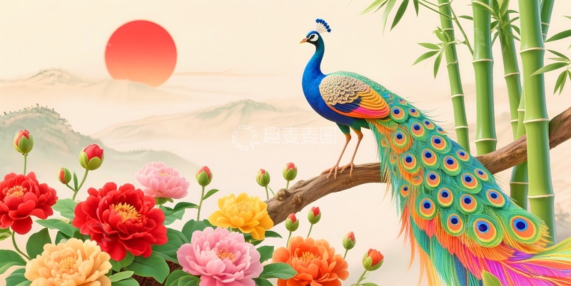 高清大图下载【趣麦麦图】孔雀客厅挂画1