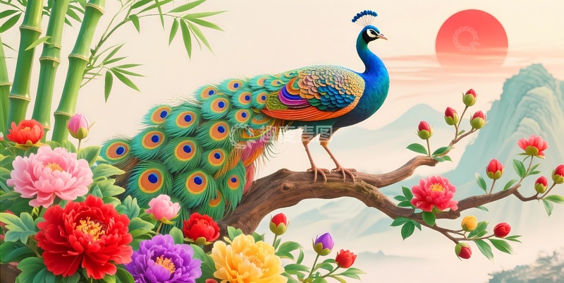 高清大图下载【趣麦麦图】孔雀客厅挂画2