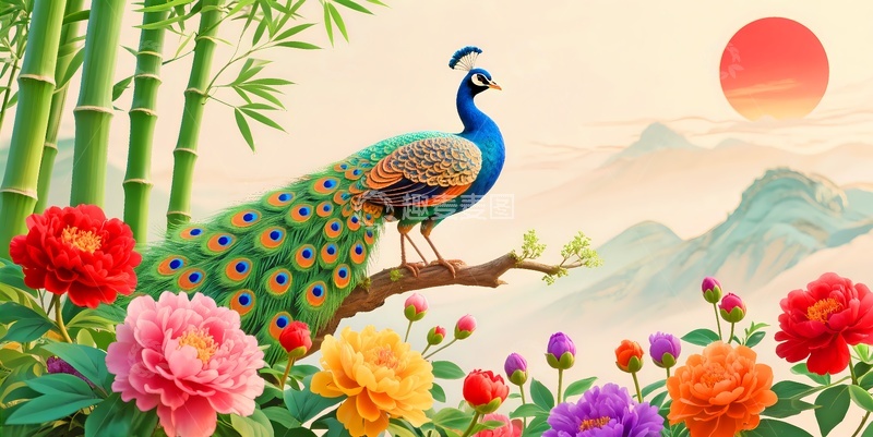 高清大图下载【趣麦麦图】孔雀客厅挂画4