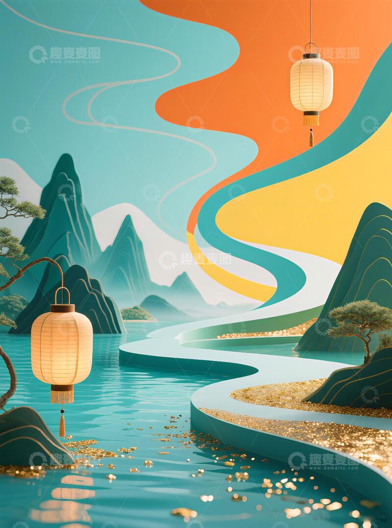 高清大图下载【趣麦麦图】客厅挂画三联画山水画