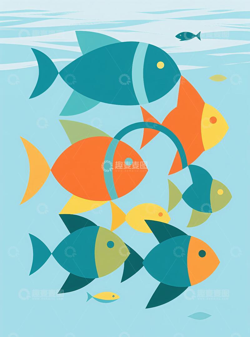 高清大图下载【趣麦麦图】客厅挂画三联画鱼群