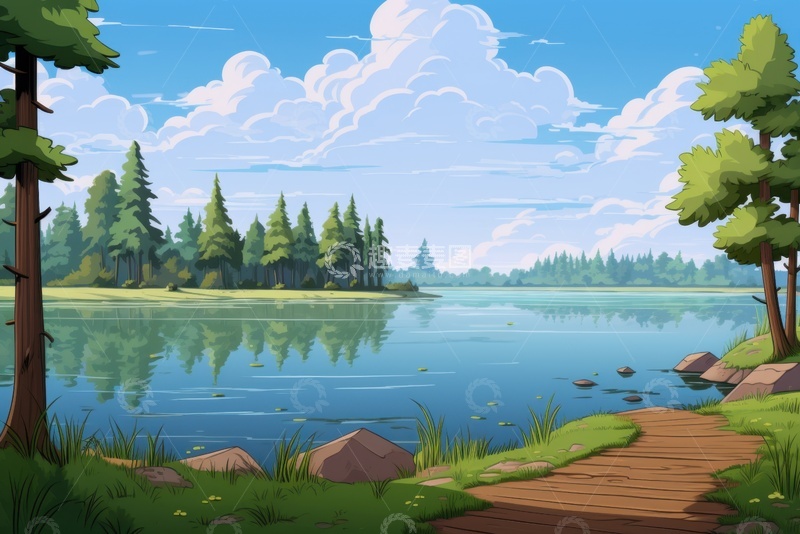高清大图下载【趣麦麦图】卡通手绘湖泊森林