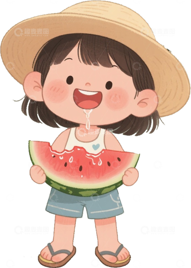 高清大图下载【趣麦麦图】夏天吃西瓜的小女孩卡通插画