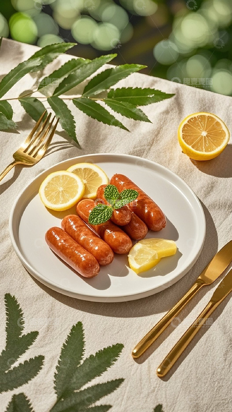 高清大图下载【趣麦麦图】一盘烤肠在餐桌上高清摄影