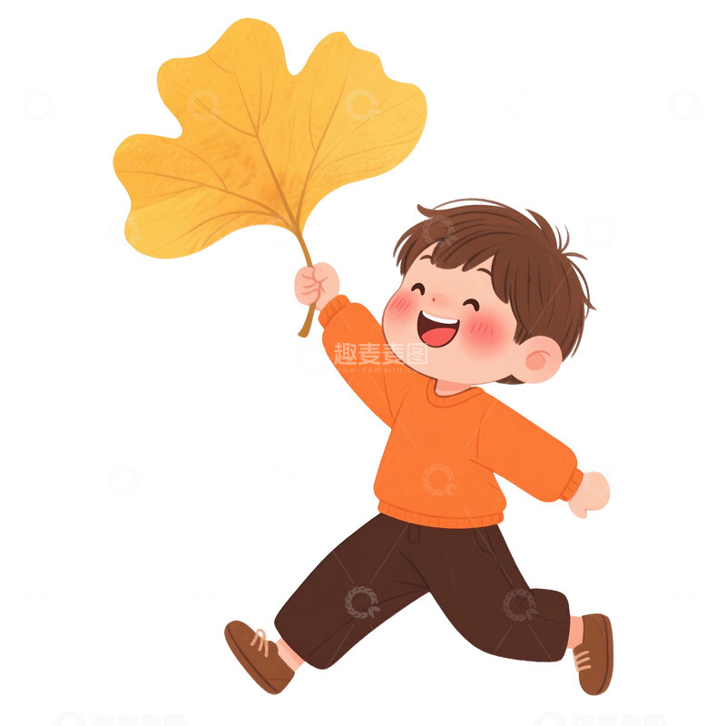 高清大图下载【趣麦麦图】秋季拿着落叶的可爱男孩免抠元素1