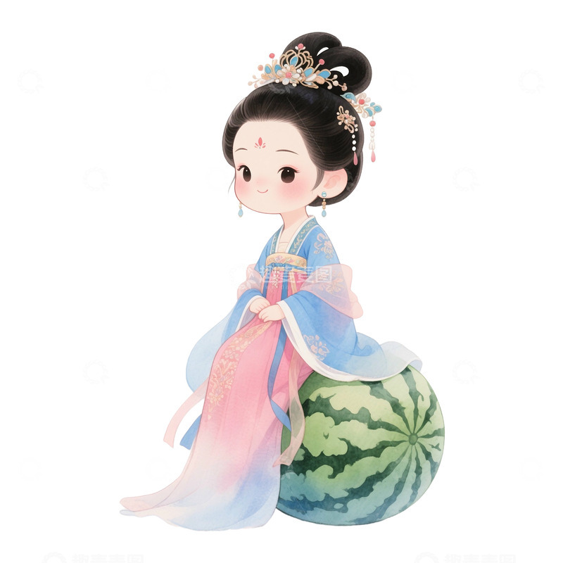 高清大图下载【趣麦麦图】水彩风格唐朝美女和西瓜免抠元素2
