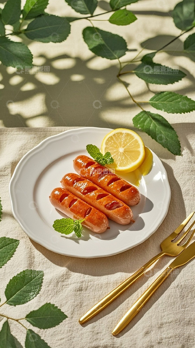 高清大图下载【趣麦麦图】一盘烤肠在餐桌上相机摄影