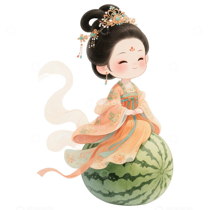 高清大图下载【趣麦麦图】水彩风格唐朝美女和西瓜免抠元素6