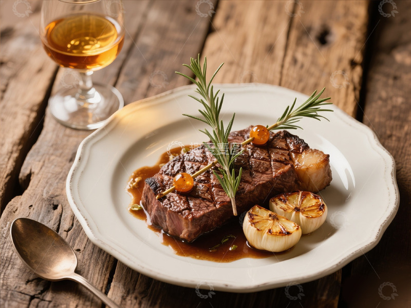 高清大图下载【趣麦麦图】餐桌上的牛排和酒杯美食摄影