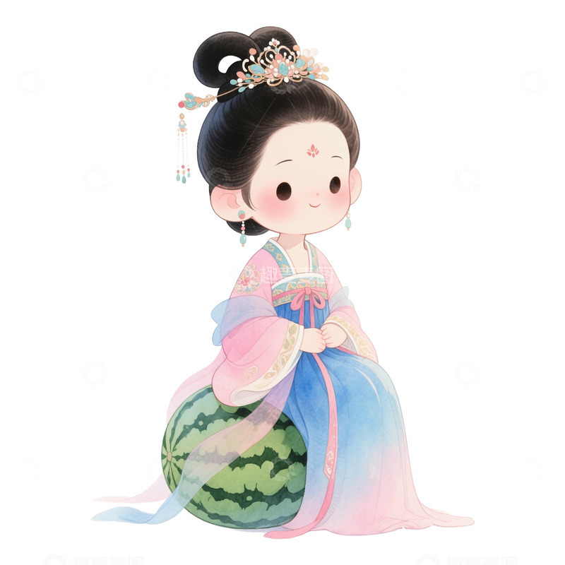 高清大图下载【趣麦麦图】水彩风格唐朝美女和西瓜免抠元素1