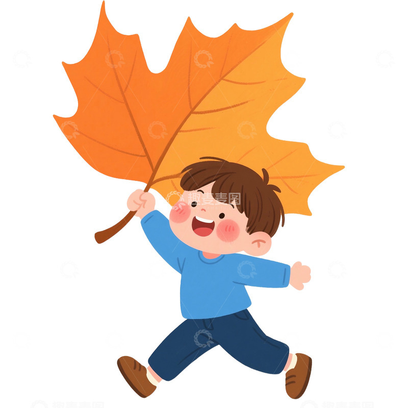高清大图下载【趣麦麦图】秋季拿着落叶的可爱男孩免抠元素2