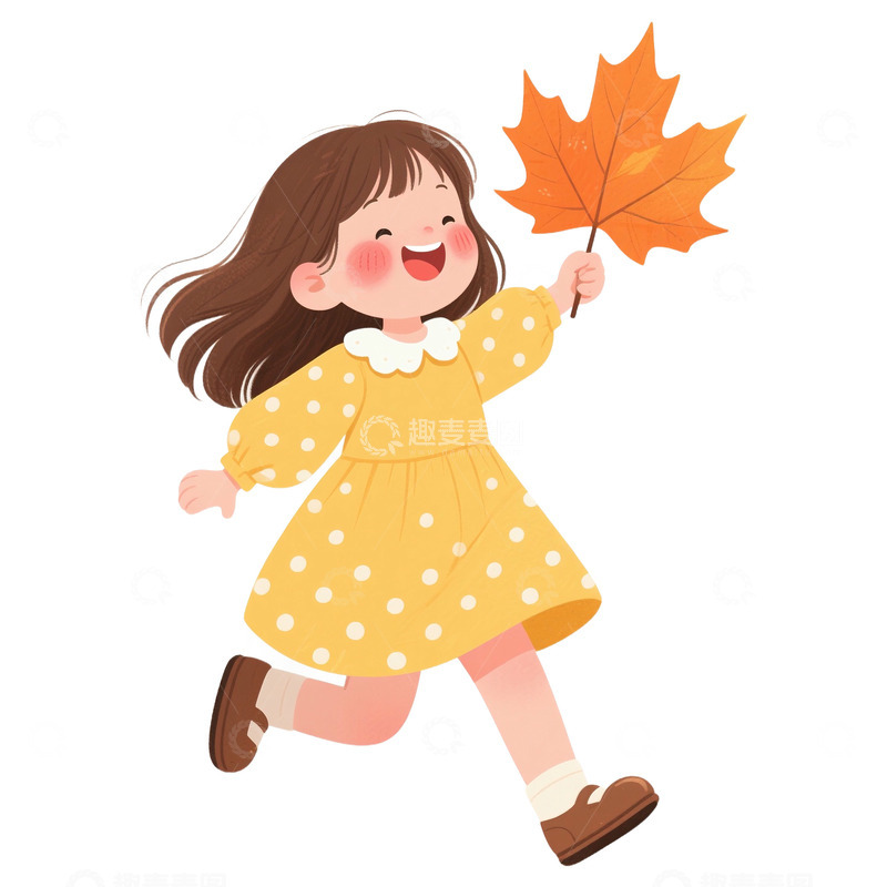 高清大图下载【趣麦麦图】秋季拿着落叶的可爱女孩免抠元素5