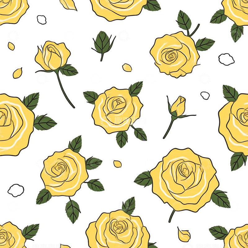 高清大图下载【趣麦麦图】黄玫瑰四方连续花型图案