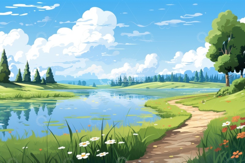 高清大图下载【趣麦麦图】卡通简约户外湖泊草地