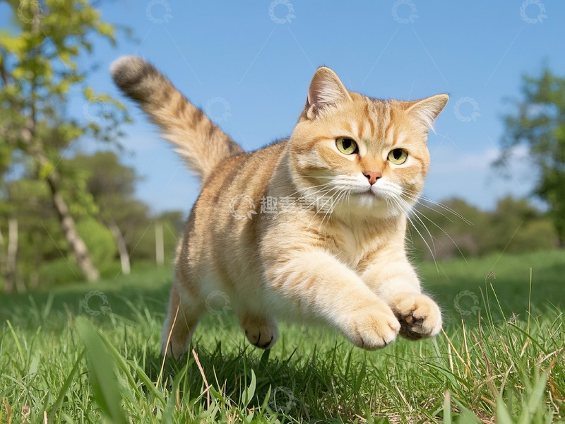 高清大图下载【趣麦麦图】金渐层宠物猫在草地奔跑高清摄影