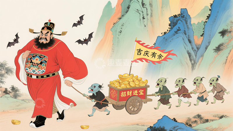 高清大图下载【趣麦麦图】钟馗镇宅捉鬼五鬼送财横版