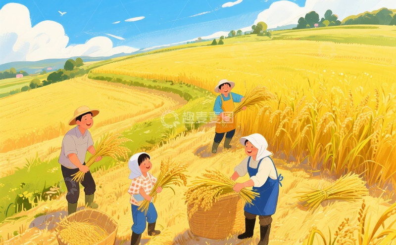 高清大图下载【趣麦麦图】秋收收割稻谷插画