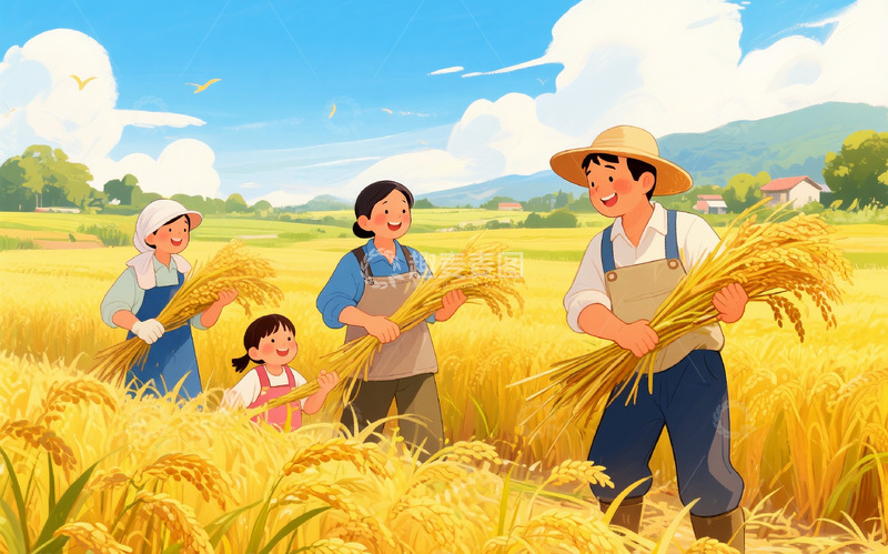 高清大图下载【趣麦麦图】收割稻谷插画