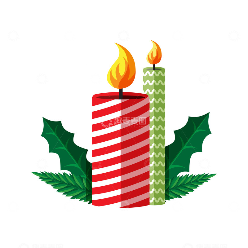 源文件下载【趣麦麦图】圣诞节圣诞蜡烛灯烛火苗绿叶叶子