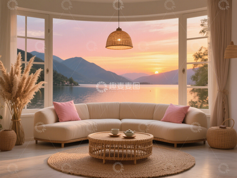 高清大图下载【趣麦麦图】现代风格日落湖景客厅弧形窗映湖山日落