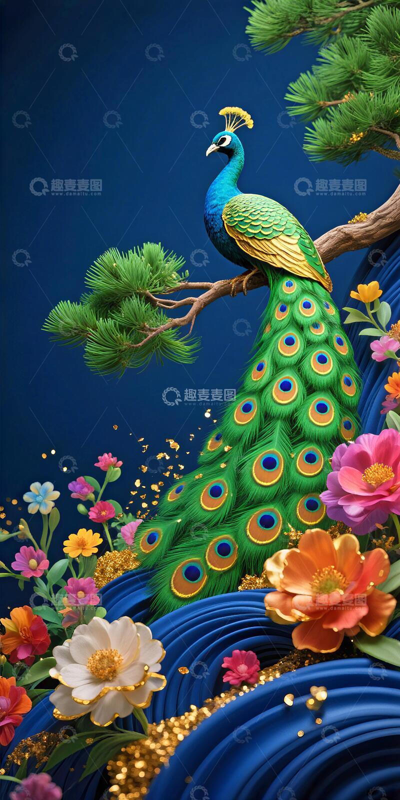高清大图下载【趣麦麦图】孔雀玄关挂图